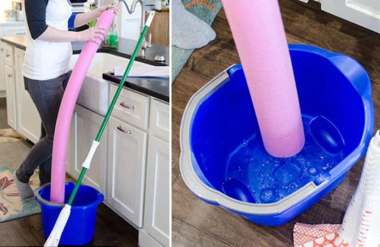  If you find it hard to fill up a bucket at your sink, try using a pool noodle to funnel the water