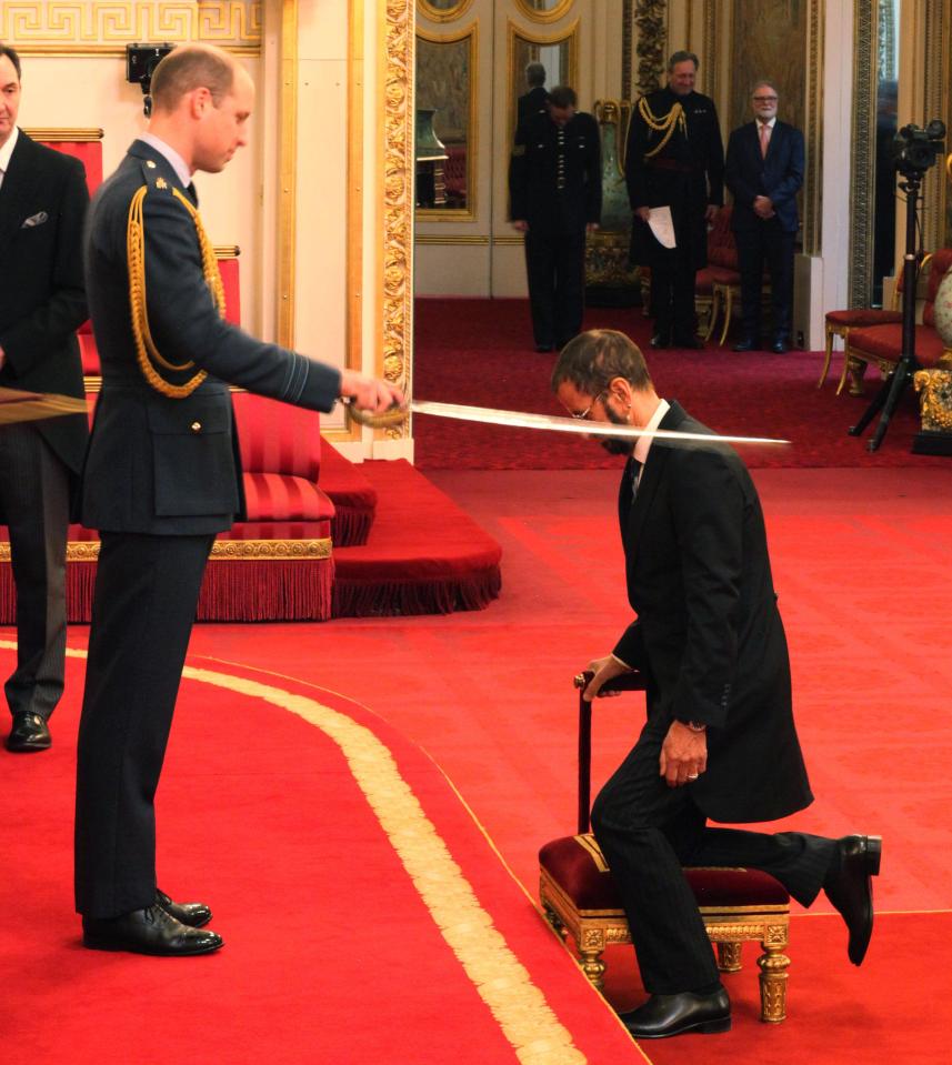 Former Beatles drummer Ringo Starr was knighted by the Duke of Cambridge at Buckingham Palace today