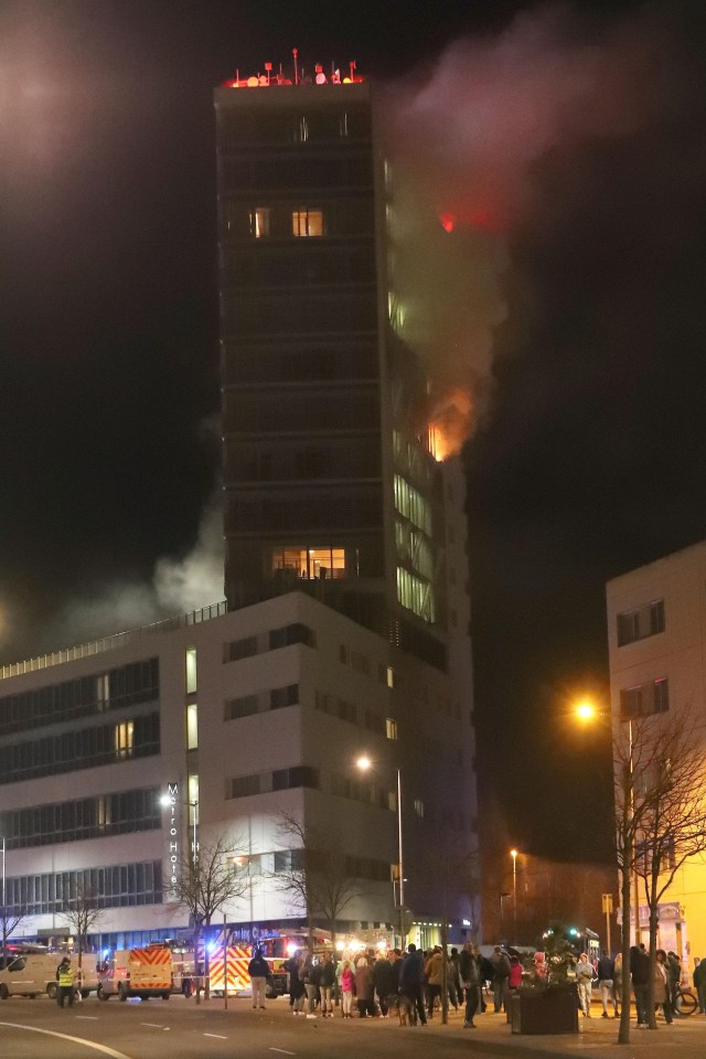 The blaze is believed to have started on the 13th floor and spread up the building