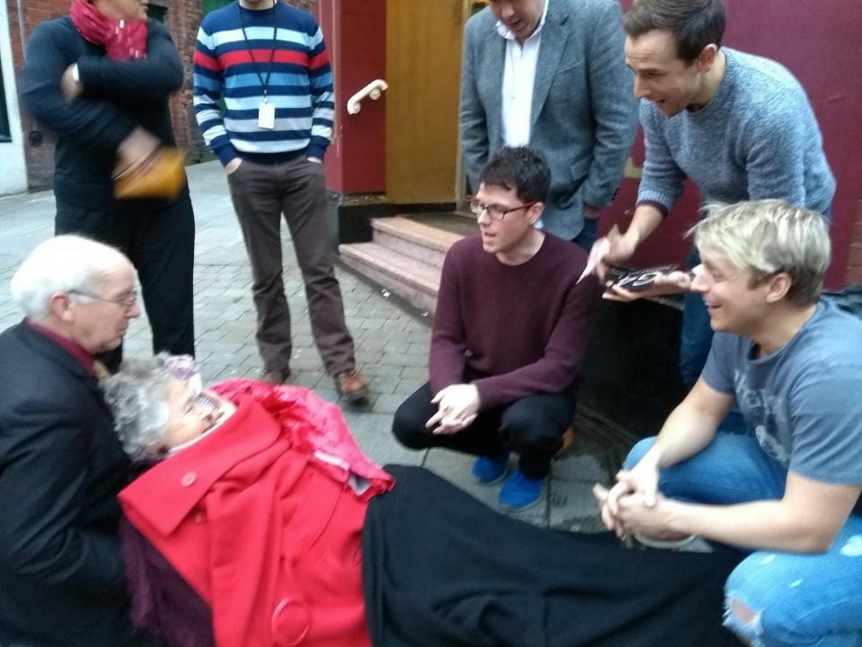  The boys belted out a tune for the injured gran on the steps of their concert