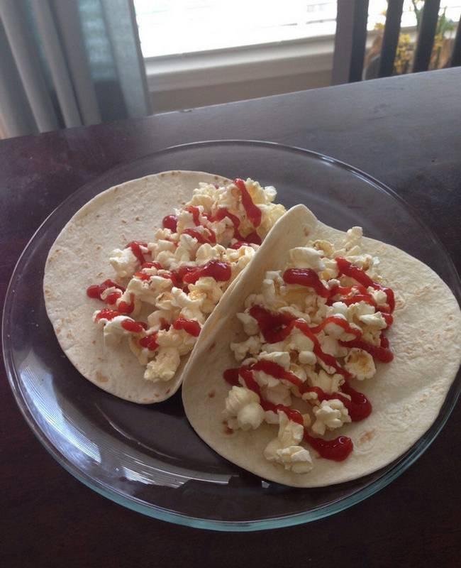  If you're finding eating popcorn solo a little passe, then why not try this? The popcorn wrap comes complete with a smattering of ketchup. Yuck