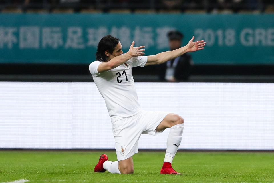  Edinson Cavani celebrates scoring the winner for Uruguay against Wales