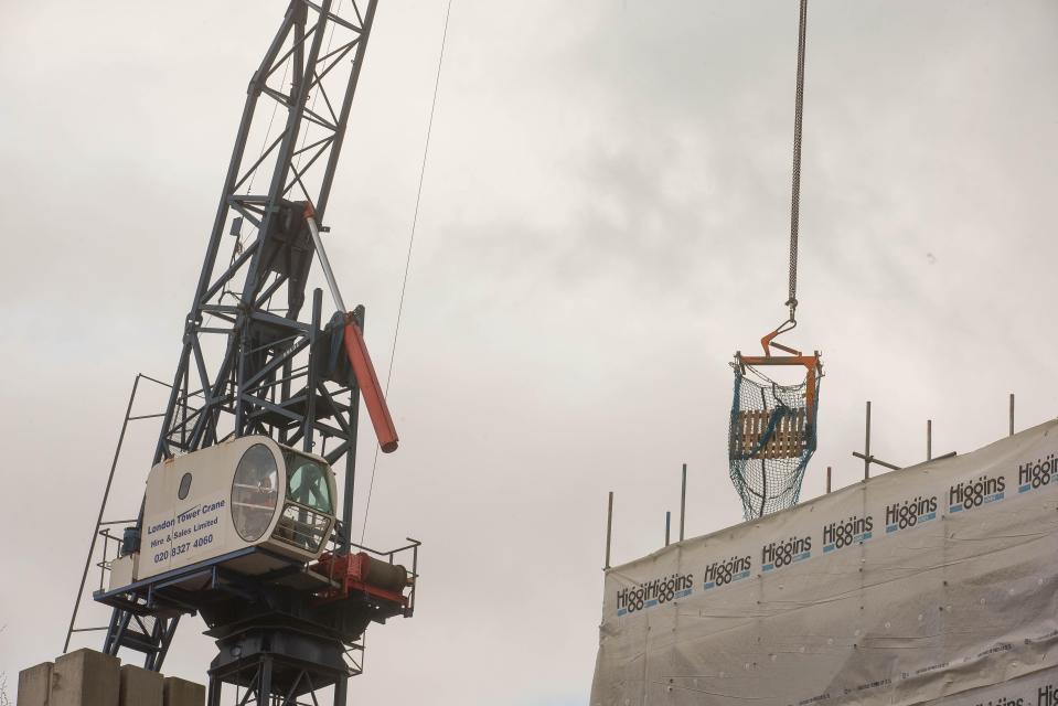  The crane and the pallet where the bricks are believed to have fallen from in Mile End, East London