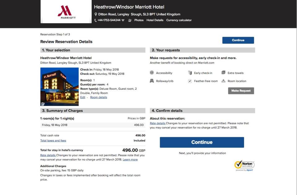  A stay at a Marriott hotel on the outskirts of the town on May 19 will set you back nearly £500