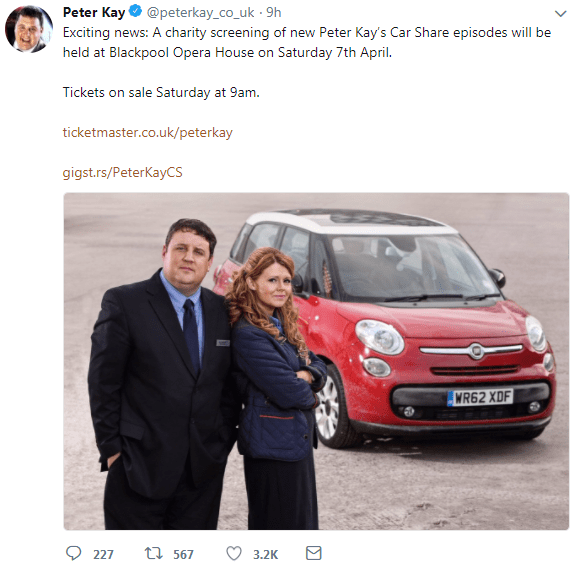  A tweet on Peter's official Twitter account linked to a statement about a special screening of Car Share