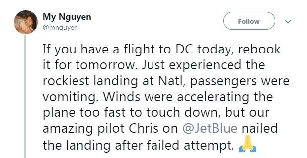  Twitter user My Nguyen pleaded with other passengers to rebook their flights to DC after a rocky landing had passengers reaching for their sick bags