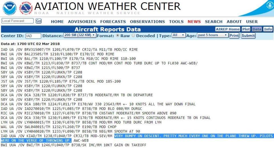  One pilot said: 'Very bumpy on descent, pretty much every one on the plane threw up. Pilots were on the verge of throwing up'