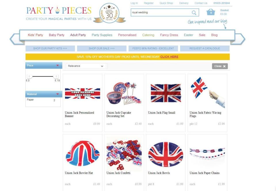  The website is selling a range of Royal wedding themed decorations