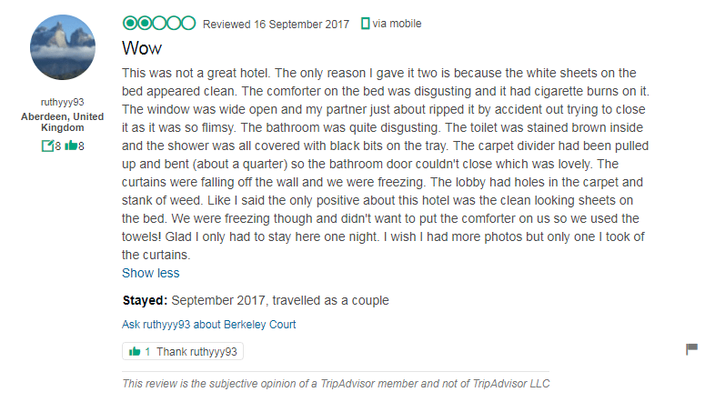  One TripAdvisor guest wrote about the smell of the hotel, which they described was like "weed"