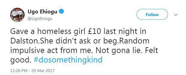  Ugo Ehiogu urged his Twitter followers to #DoSomethingKind in one of his final tweets after giving a homeless girl £10