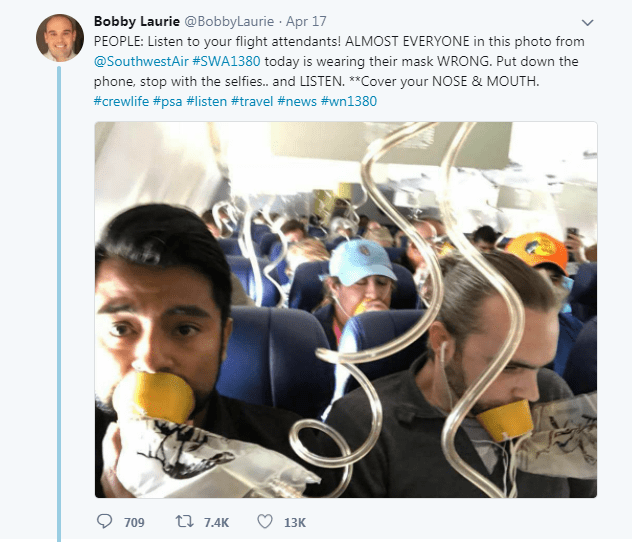 Former flight attendant Bobby Laurie tweeted that the passengers on board Southwest Airlines flight 1380 were wearing their masks “wrong”