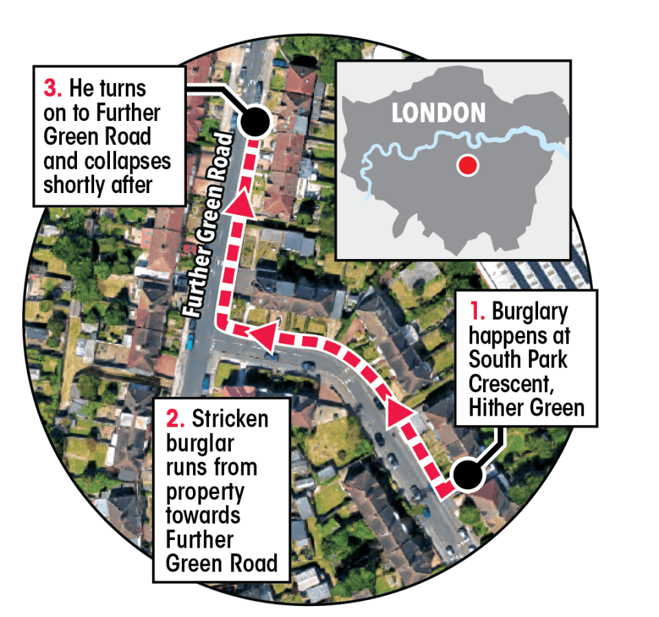  The suspected burglar's route after leaving the house, shortly before collapsing