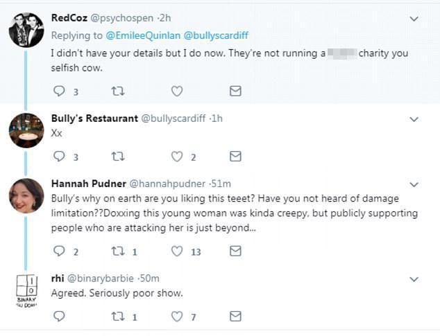  Bully's also 'liked' a tweet calling the diner a "selfish cow"