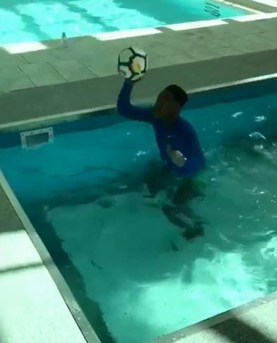  The star shared a video of him back at Chelsea's training ground undergoing rehab in the pool