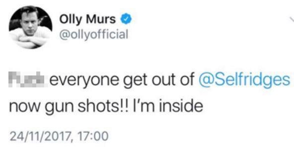  Former X Factor singer Olly was famously ribbed about the tweets he sent from Selfridges last year - when fearing another 'attack' was in progress