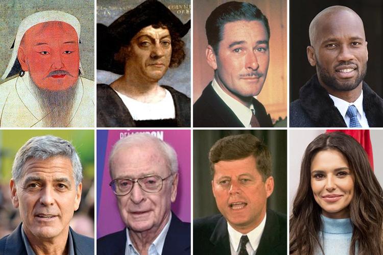  Top row (L -R) Genghis Khan, Christopher Columbus, Errol Flynn, Didier Drogba; Bottom row (L - R) George Clooney, Sir Michael Caine, John F Kennedy, Cheryl Tweedy