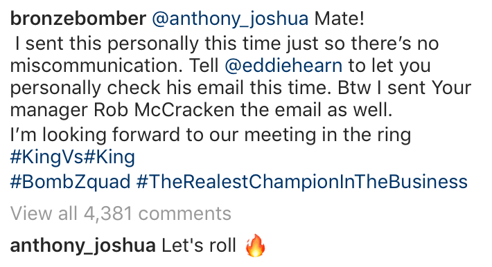  Anthony Joshua replied to Wilder's social media post, simply writing: 'Lets Roll!'