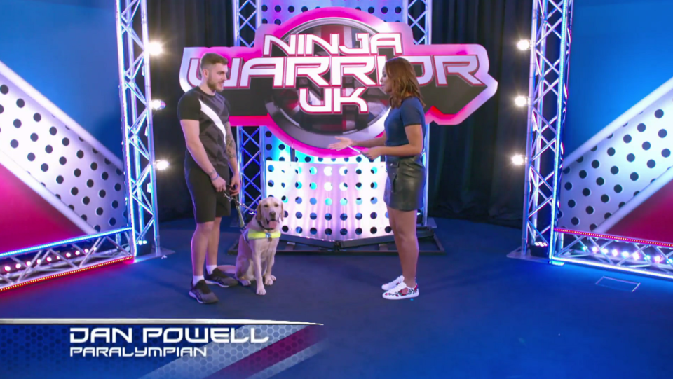  London 2012 Paralympian Dan Powell, here with his guide dog and presenter Rochelle Humes, has become the first ever blind contestant to appear on ITV’s Ninja Warrior