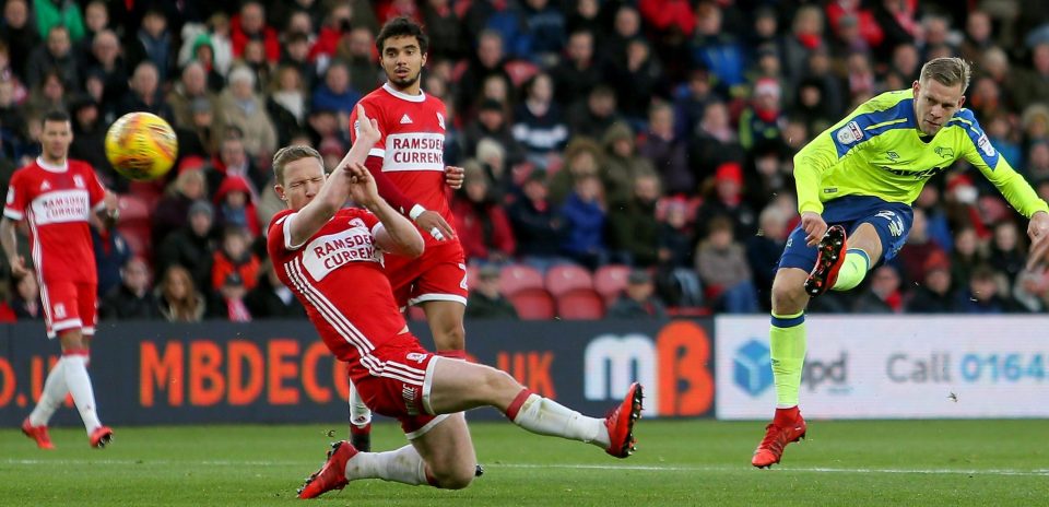  Matej Vydra scores the opening goal in Derby's 3-0 win at Middlesbrough in November