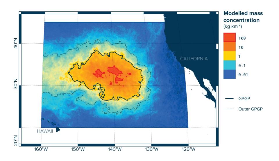  The massive mass of rubbish, as seen in this graphic, is floating between Hawaii and California