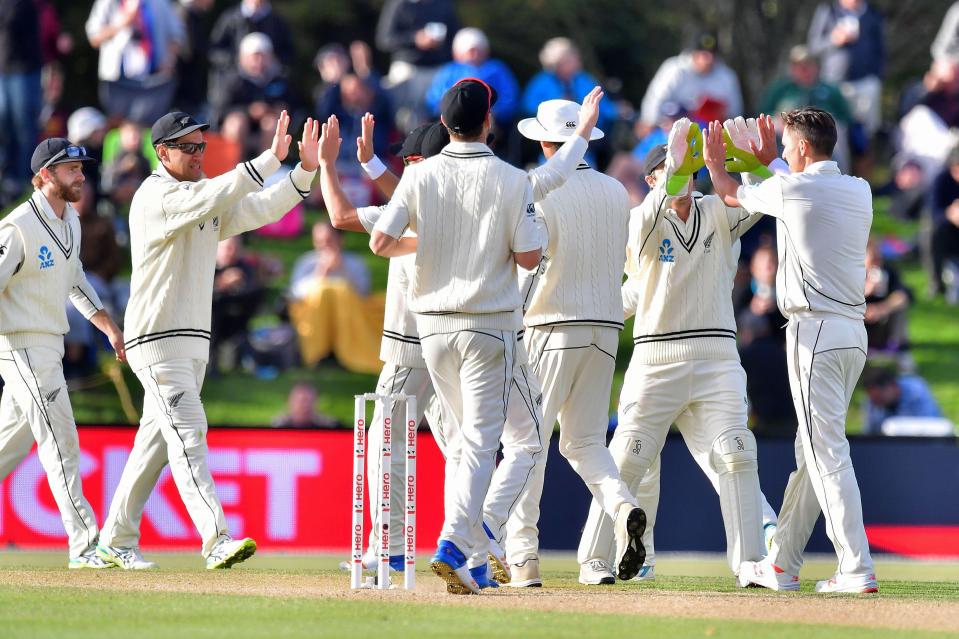 New Zealand players celebrate after James Vince is caught out