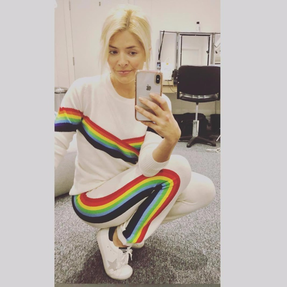 Trackies are perfect for cosy days – and Holly chooses a rainbow design