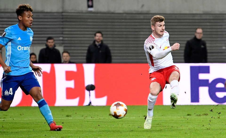 Timo Werner fires his shot past Marseille keeper to put RB Leipzig ahead