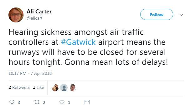  Just one air traffic controller turned up as the other two on duty rang in sick