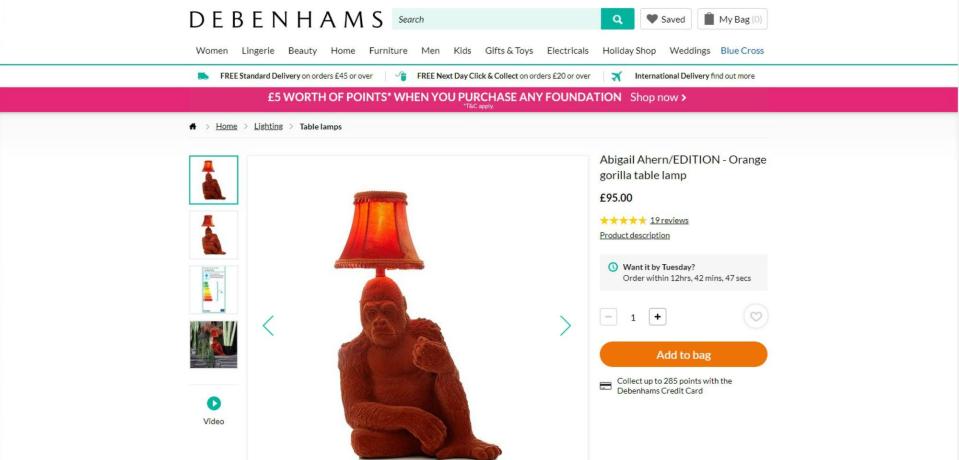  The gorilla lamp by designer Abigail Ahern is being sold by Debenhams