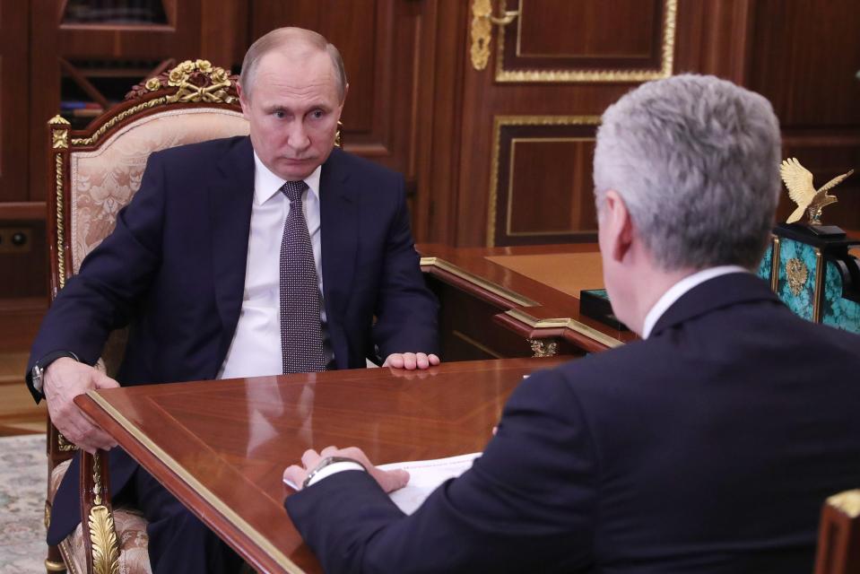  Putin met with Moscow Mayor Sergei Sobyanin at the Kremlin today as tensions with Britain, France and the US boil over