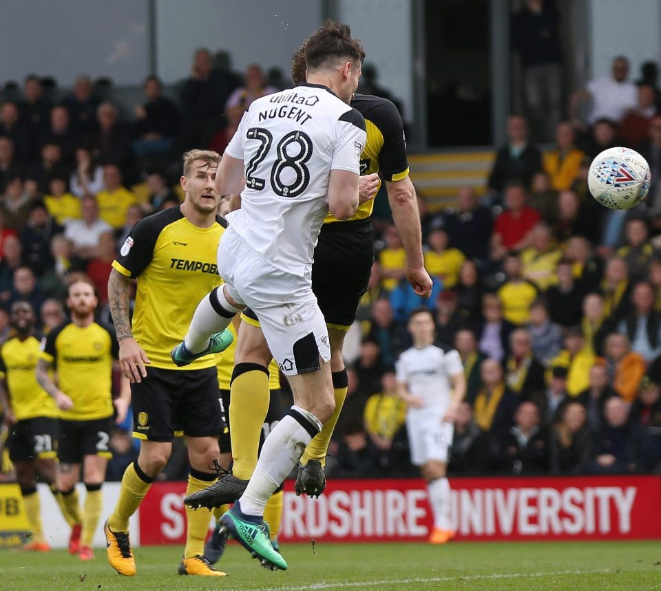  David Nugent's scores Derby's consolation goal against Burton Albion