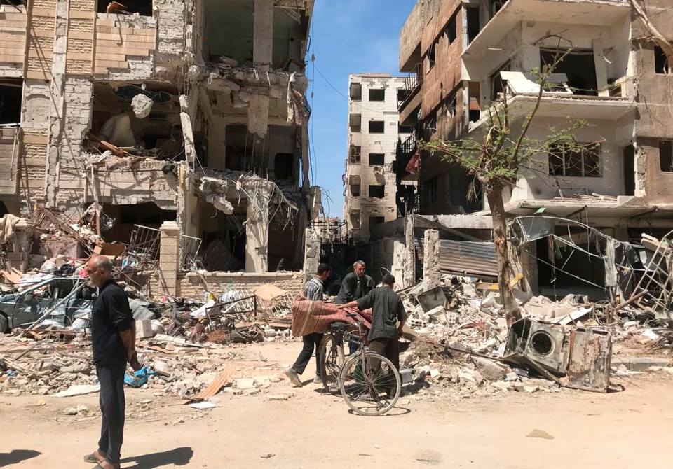 Damaged buildings in the town of Douma, the site of a suspected chemical weapons attack, near Damascus