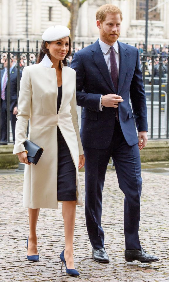  Meghan steps out in Manolo Blahniik court shoes, cream coat and hat combo for Commonwealth Day, March 2018