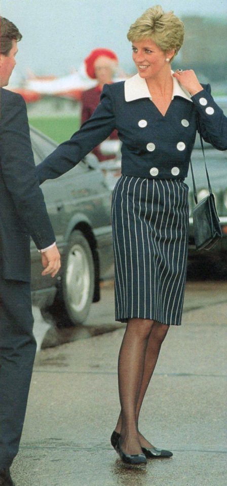  Di sailed into style with this navy and white dress at the Queen Elizabeth Conference Centre in 1991