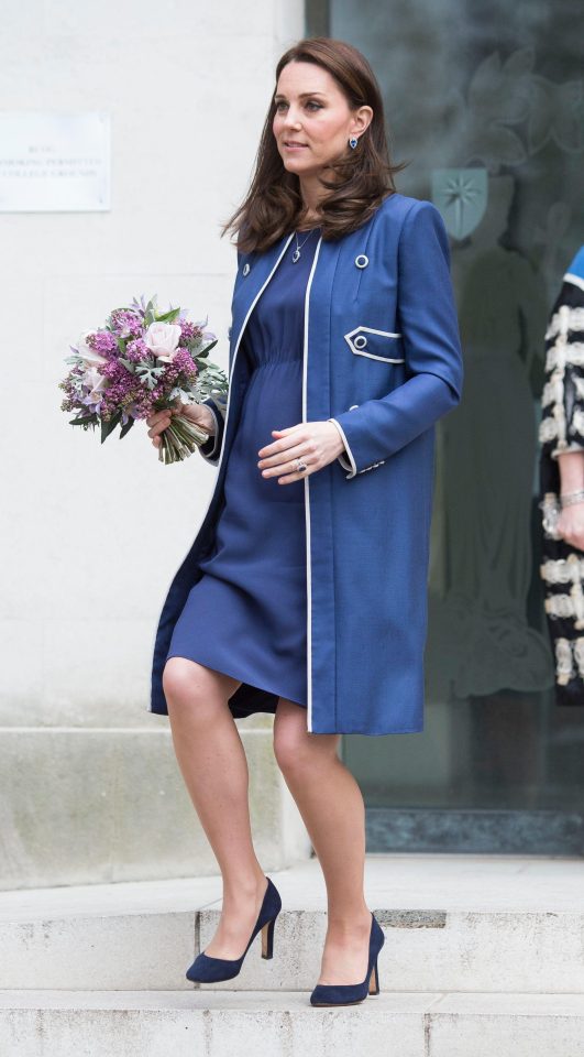  While the Duchess wore a blue pullover with contrasting seams to visit a London hospital in February