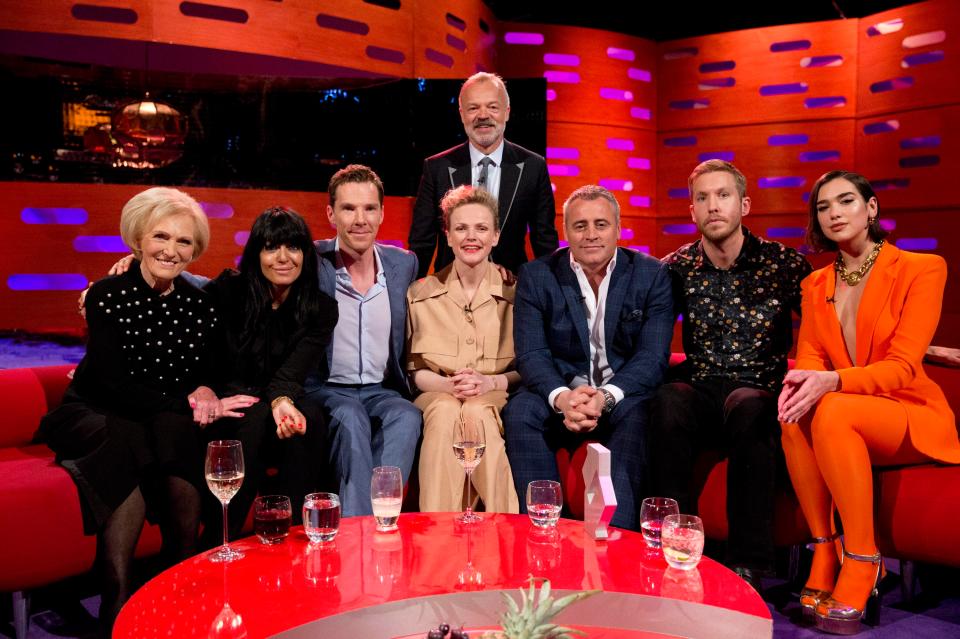  Host Graham Norton with seated (left to right Mary Berry, Claudia Winkleman, Benedict Cumberbatch, Maxine Peake, Matt LeBlanc, Calvin Harris and Dua Lipa