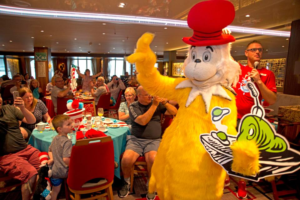  Sam I Am arrives to entertain Carnival Horizon guests during the Green Eggs and Ham Breakfast with The Cat in the Hat and Friends