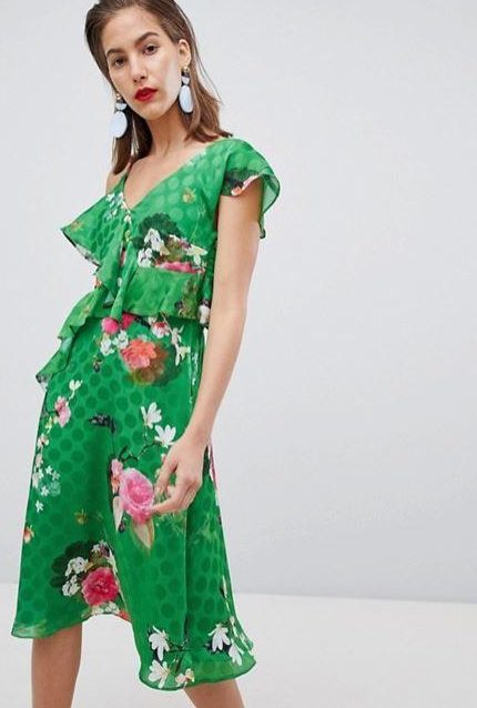  This stunning green floral midi dress could be perfect for weddings and summer parties