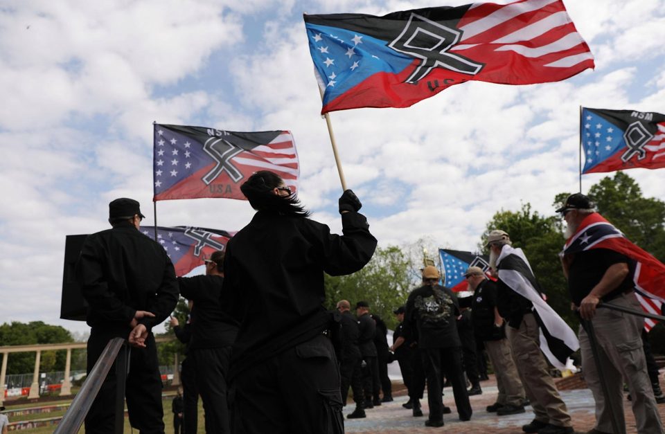  The group strutted down the street despite huge anti-fascist protests