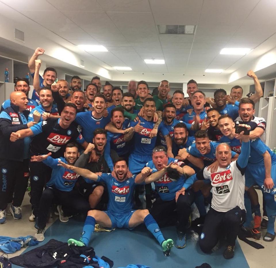 Napoli's players celebrated in the bowels of the Allianz Stadium with a dressing room photo