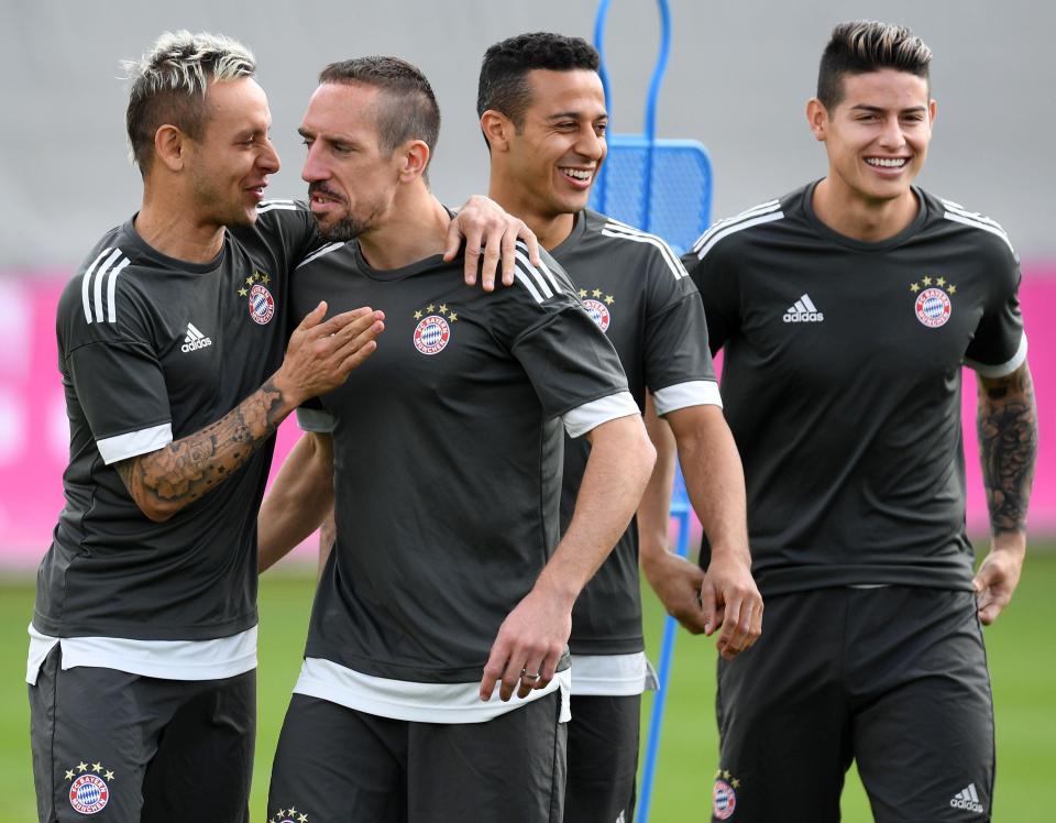 James Rodrigues, far right, and the Bayern Munich boys, are in high spirits ahead of the Champions League clash against Real Madrid 