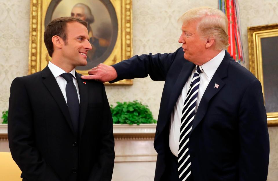  Trump says the 'great relationship' between the two leaders is 'not fake news' before brushing 'dandruff' off Mr Macron's blazer