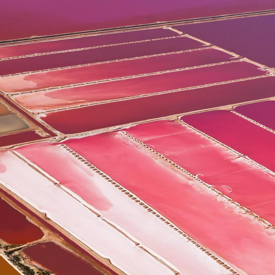 Aerial view of the naturally pink Hutt Lagoon near Port Gregory in Western Australia. The pink colour is caused mainly by microscopic algae