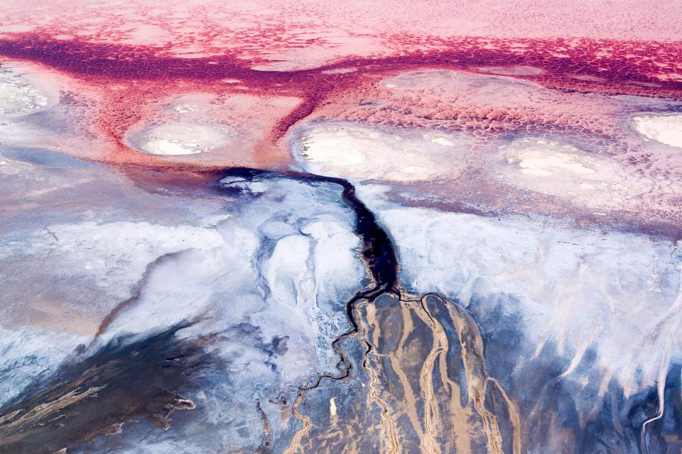 A colourful river delta in saline Lake Natron, Rift Valley, Tanzania 