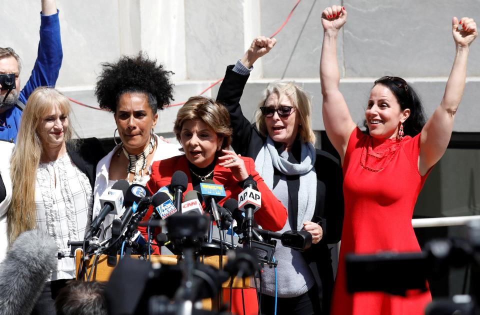 Attorney Gloria Allred stands with Cosby accusers shortly after the 80-year-old was convicted of three counts of sexual assault 