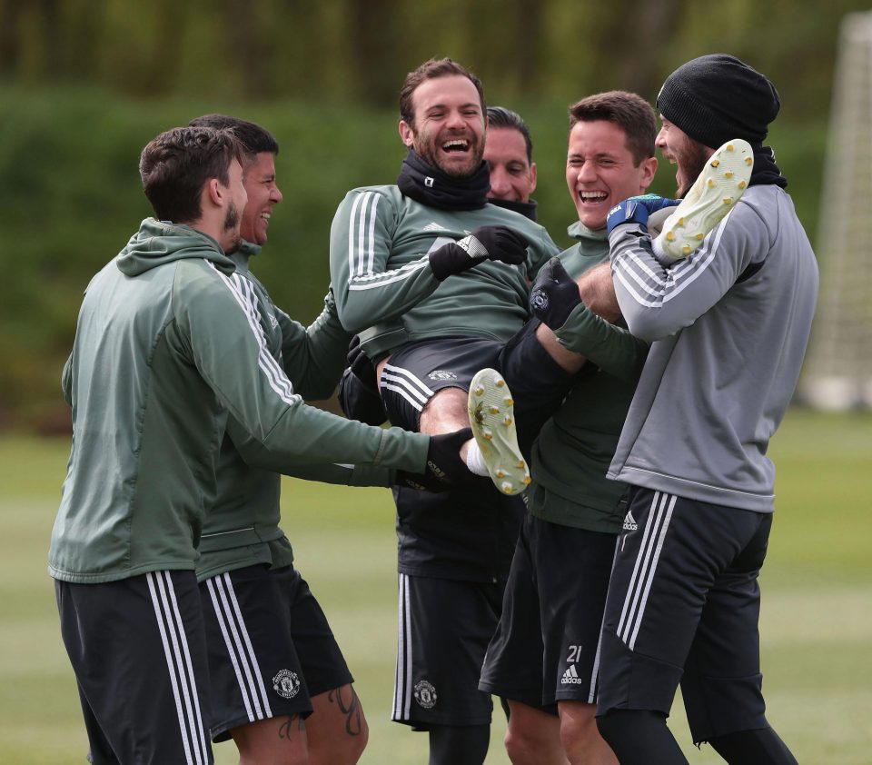 Juan Mata was given birthday bumps during Man United training