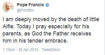  Pope Francis posted to Twitter after hearing of Alfie's death