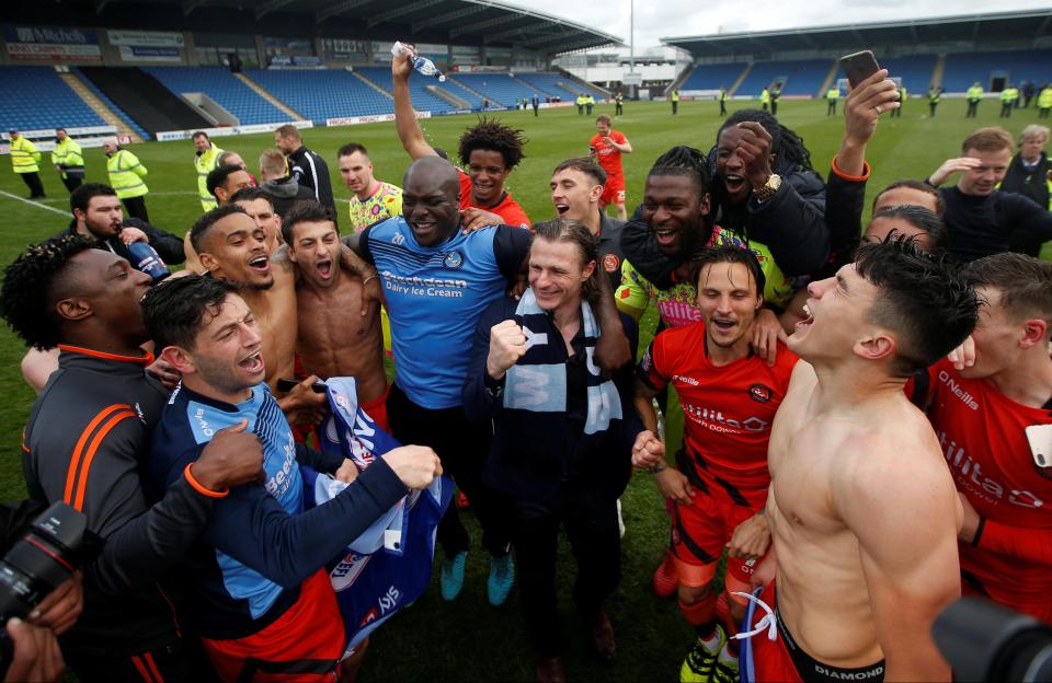  Wycombe Wanderers in party spirit after securing promotion against Chesterfield