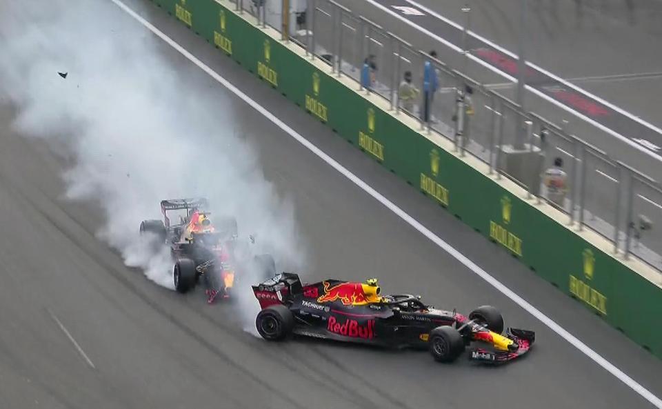 Team-mates Max Verstappen and Daniel Ricciardo almost hit each other three times before their amazing collision