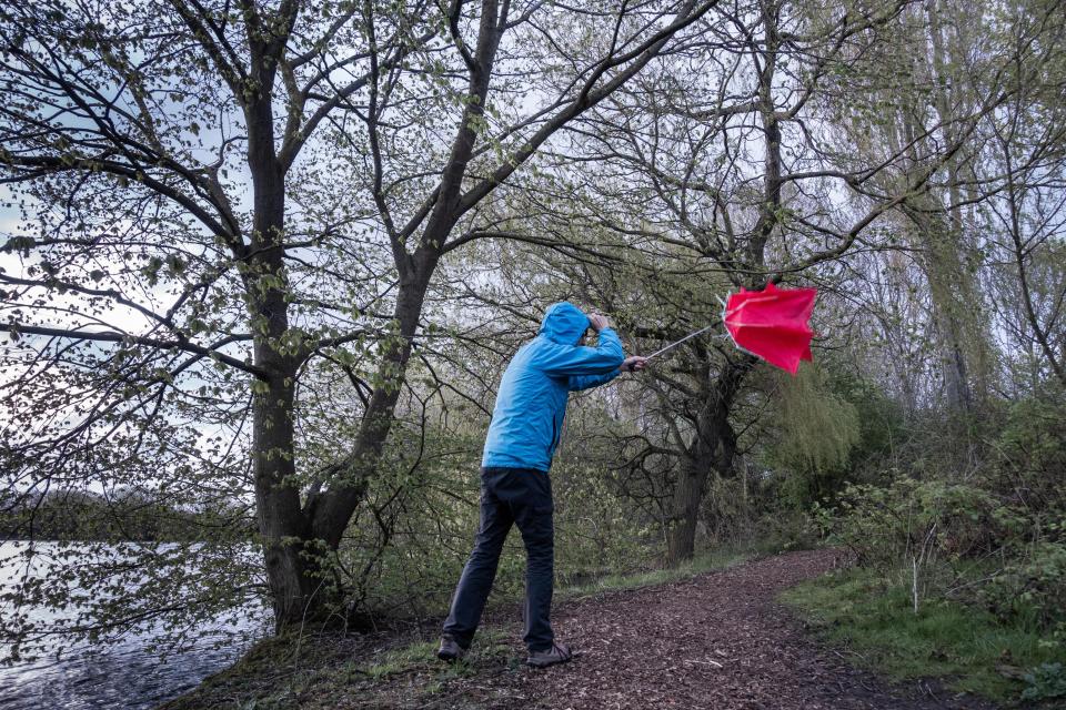  A man loses his umbrella in Billingham, North East England